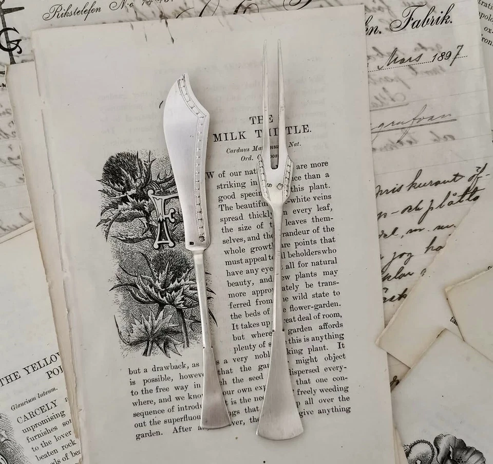 1900-1920-х годов редкая антикварная серебряная 800 пара лимон вилка и масло нож Венгерской империи - Изображение 1 из 4