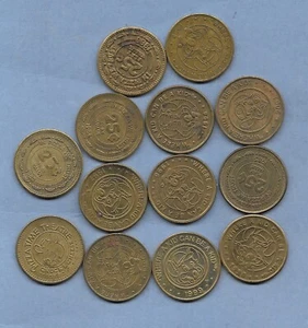 ARCADE GAME TOKEN CHUNKE CHEESE LOT of 13 DIFFERENT DATES 15/16" BRASS SOME WEAR - Picture 1 of 2
