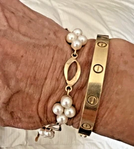 Vintage 14 karat Gold Pearl Cluster Bracelet 7 1/2 Inch - Picture 1 of 9