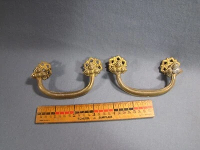 2 Ornate Antique Brass Furniture Dresser Sideboard Drawer Pulls Handles 3" CTC - Image 1 of 4