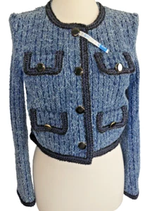 Self Portrait Textured Short Blue Denim Cropped Jacket USA Size 8 - Picture 1 of 19