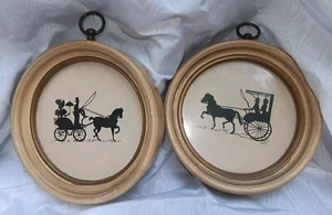 Set Of 2 Round Frame Silhouette Victorian Horse and Buggy Carriage Couple - Picture 1 of 6