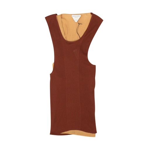 ABITO MIDI NUOVO CON ETICHETTE BOTTEGA VENETA DOPPIO STRATO MAGLIA COSTINE RUGGINE NUDO TAGLIA 34 $1990