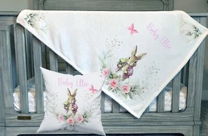 Baby blankets PINK rabbit soft fleece personalised, cushion, nursery pillow - Picture 1 of 2