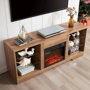 TV Stand Electric Fireplace Glass Shelves,3D Fireplace TV Stand with LED LightTr - Picture 1 of 14