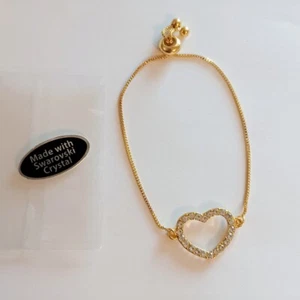 Gold Tone Open Heart Box Chain Slider Bracelet Made With Swarovski Crystals New! - Picture 1 of 2