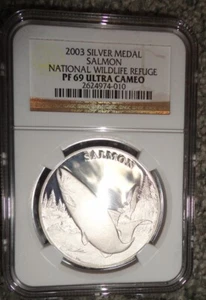 2003 NATIONAL WILDLIFE REFUGE SILVER MEDAL SALMON NGC PF69 UC - Picture 1 of 2