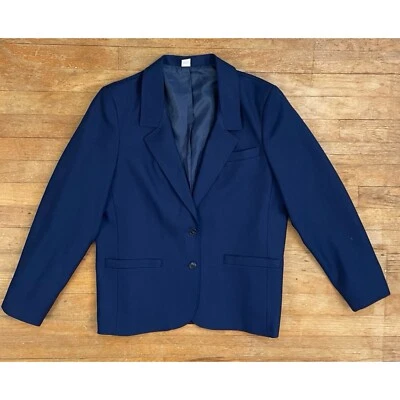 复古可水洗蓝色西装外套女式 L 码 20 世纪 70 年代斜纹夹克带口袋 — 第 1/4 张图片