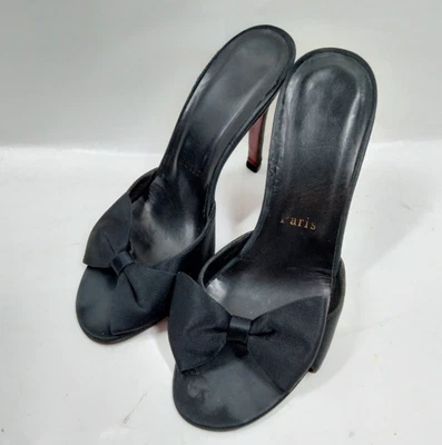 Christian Louboutin Bow Matricia Style Black Red Sole Size 6.5 Womens Mule Heels - Image 1 of 4