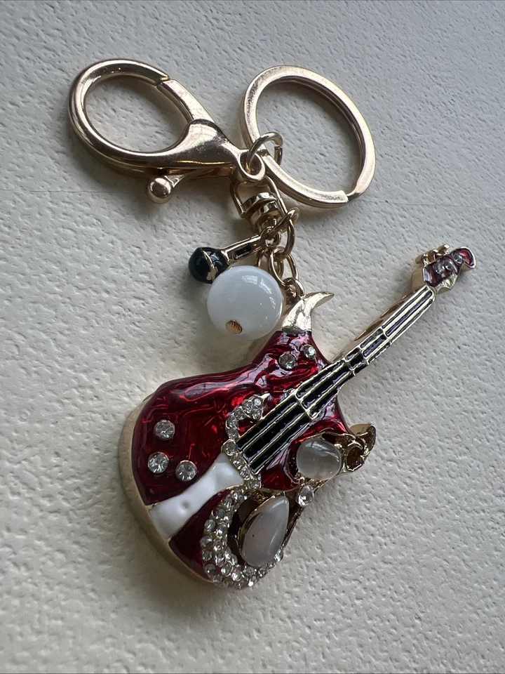 闪亮红色吉他悬垂行李箱小饰品钥匙圈链金色水钻 — 第 1/4 张图片