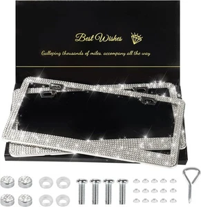 2 Pack Bling License Plate Frames for Women, Sparkly Rhinestone Diamond Car Acce - Picture 1 of 6