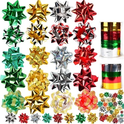 50 PCS Christmas Bows and Gift Ribbons w/ 48 Self Adhesive Gift Bows and 2 Roll. - Image 1 of 4