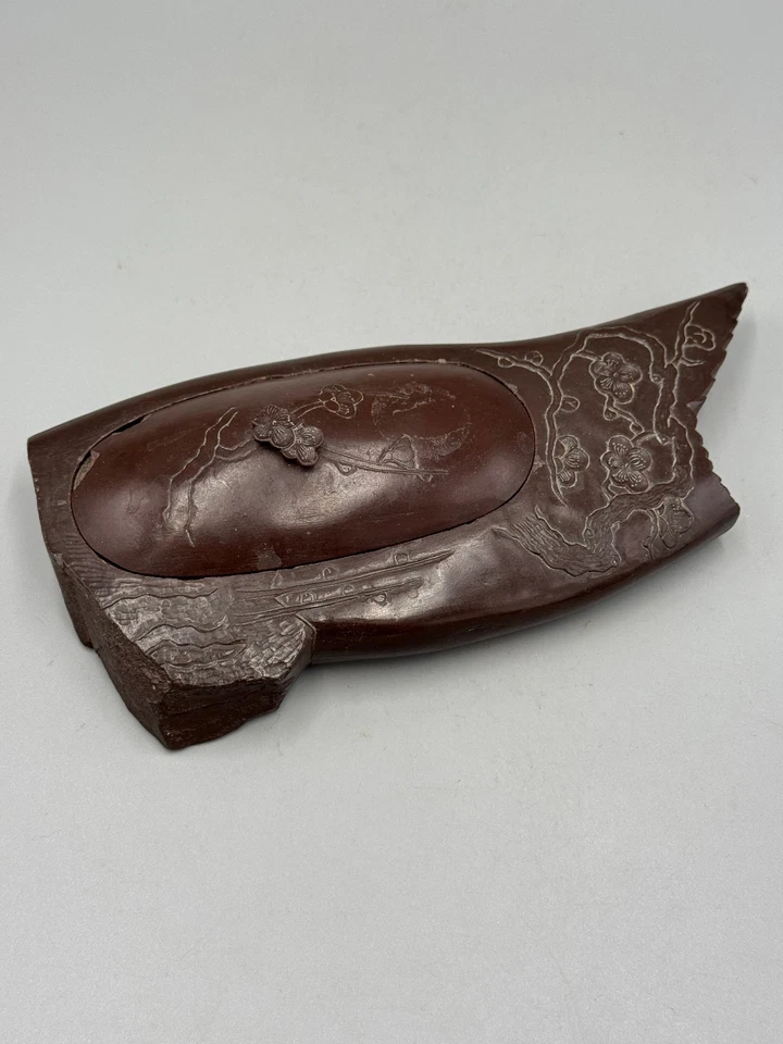 Antiguo plato japonés de tinta tallada en piedra del siglo XIX firmado 8 1/4"" Foto 1 de 4