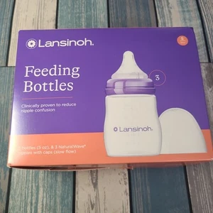 Lansinoh Bottles Bundle (3 count 5oz) & 3 Natural Wave Nipples W/Caps SLOW FLOW - Picture 1 of 7