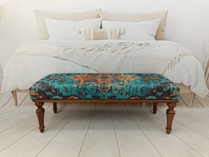 Blue Pattern Turkish Printed Rug Upholstered Ottoman Bench Wood Work Bench - Picture 1 of 9