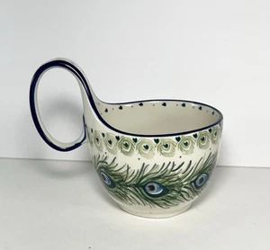 Ceramika Artystyczna Bowl/Mug With Loop Handle- Majestic Peacock Pattern - Picture 1 of 9