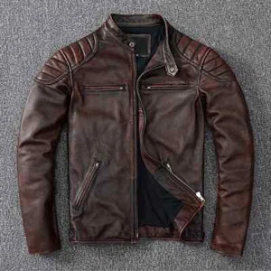 MENS REAL SHEEPSKIN BLACK LEATHER JACKET RETRO SLIM FIT BIKER JACKET  YORK HILL - Picture 1 of 3