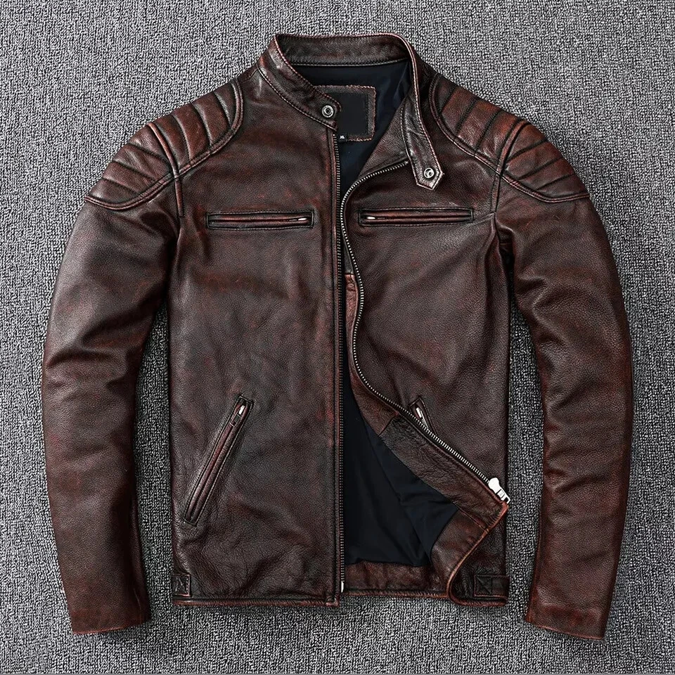 MENS REAL SHEEPSKIN BLACK LEATHER JACKET RETRO SLIM FIT BIKER JACKET  YORK HILL - Image 1 of 3