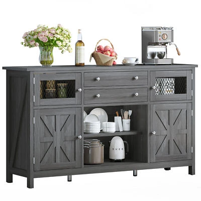 Farmhouse Coffee Bar Cabinet Sideboard Buffet with 2 Drawers & Visual Grid Doors - Image 1 of 4