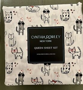 NIP! Cute!! Cynthia Rowley Valentines Cats Kittens Hearts 4 Pc Queen Sheet Set