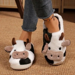 Cow Slippers for Women and Men Fluffy Cute Cozy Cartoon Cow Cotton Slippers - Picture 1 of 12