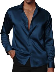 PJ PAUL JONES Men's Shiny Satin Dress Shirts Long Sleeve Button Down Silk Shirt 