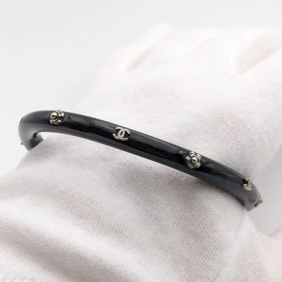 CHANEL Bangle Bracelet Sparkle Black Resin Silver CC Logo Camellia Flower 02A - Image 1 of 4