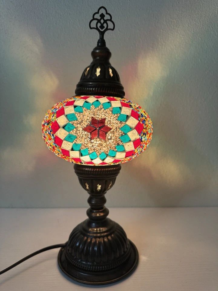 "Lámpara de mesa de mosaico turco 15"" colorido globo de vidrio bronce decoración boho" Foto 1 de 4
