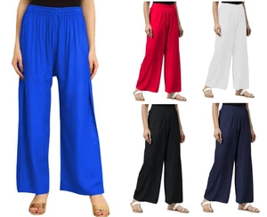 Pantalones Palazzo acampanados de pierna ancha lisos para mujer cintura elástica talla UK 8-20 - Imagen 1 de 26
