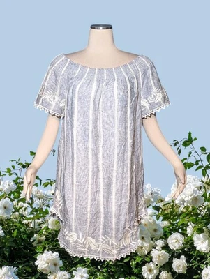 MERONA Blue White CHAMBRAY Linen Blend Embroidered FLORAL Top Shirt Women's L/XL - Image 1 of 4