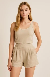 Women's Pink Lily Tan Linen Blend Shorts Size Medium Normcore Minimalist Preppy - Picture 1 of 13