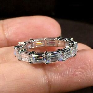 Band 2.90 Ct Emerald Cut Real Treated Diamond in 925 Silver Engagement Ring