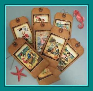 SUMMER BY THE SEA - PRIMITIVE  RETRO DESIGNED HANG TAGS - BEACH - EIGHT TAGS - Picture 1 of 4