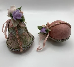 Set Of 2 Victorian Pink Christmas Ornaments W/Glitter, Pink & Gold Corded Trim - Picture 1 of 2