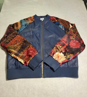 Hot in Hollywood Bomber Jacket Navy Faux Leather Satin Floral Sleeves Womens L - Image 1 of 4