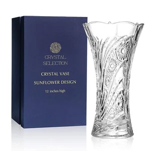 Crystal Clear Crystal Vase,, 12'' high, for Flowers & Decor, Sunflower Design, - Picture 1 of 6