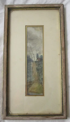 Antique Vtg Landscape House Bridge Pastoral Miniature Art Watercolor Painting - Image 1 of 4