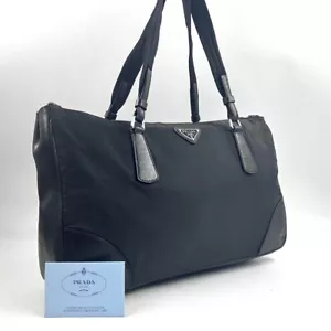 PRADA Men's Business Bag Tote Handbag Nylon Leather Black Used Free Shipping - Picture 1 of 9