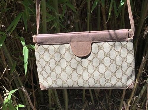 Borsa a tracolla originale vintage GUCCI marrone firma in pelle e tela