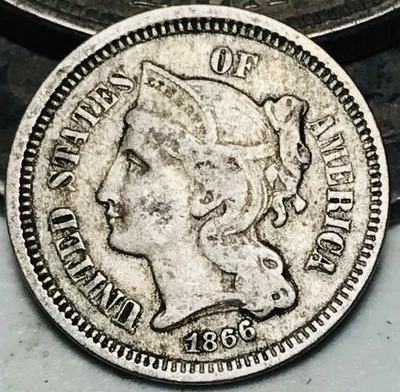 1866 Three Cent Nickel Piece 3C Ungraded Obsolete US Type Coin CC27231 - Image 1 of 4