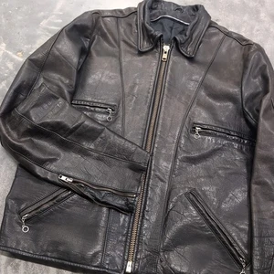 Leather Motorcycle Black Biker Moto Jacket Coat Chain Pull Vintage 80s Large - Picture 1 of 8