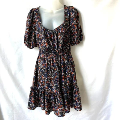 Vestido BCBGeneration Manga Abullonada Boho Floral 8 Azul Naranja Cottagecore Volantes Dobladillo Foto 1 de 4