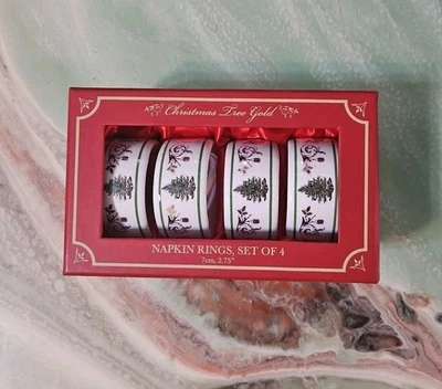 Juego de 4 anillos de servilleta de Navidad Spode 22K decoración navideña oro blanco verde nuevo en caja Foto 1 de 4
