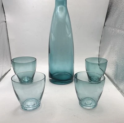 Vintage MCM Blue Glass Tapered Cocktail Pitcher and 4 Glasses - Image 1 of 4