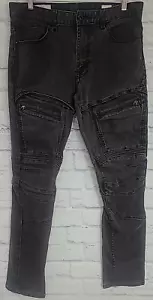 Smoke Rise Distressed Moto Denim Jeans Mens Size 36 x 34 Charcoal Zipper Pockets - Picture 1 of 9