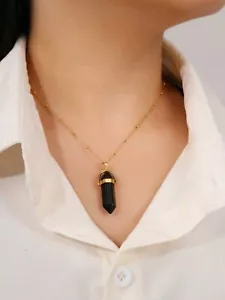 Gold Obsidian Necklace Black Pendant 18k Plated Stainless Steel Jewelry Women - Picture 1 of 4