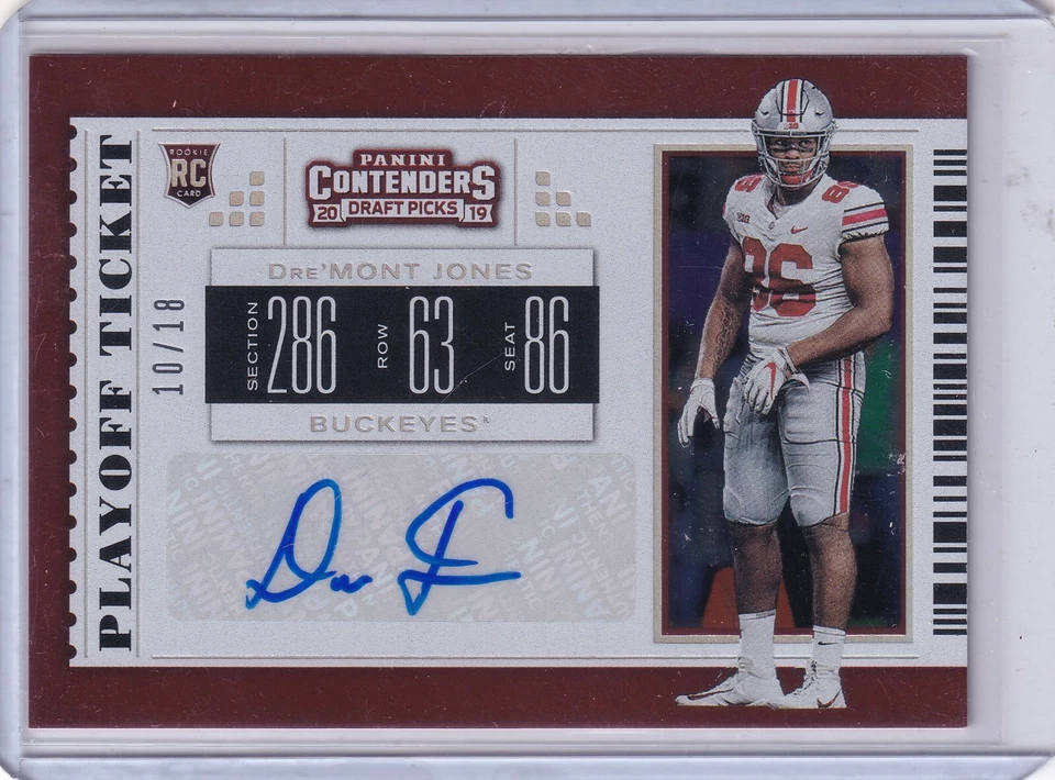 Dre'Mont Jones 2019 Panini Contenders Draft Picks Playoff Ticket Rc Auto (10/18) - Image 1 of 2