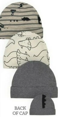 Gerber Baby Boy's 3 Pack Organic Caps Sizes Newborn, 0-6 Months Hats Dino NEW - Image 1 of 4