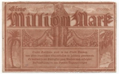 GERMANY BREMEN 1 MILLIONEN MARK 1923 EMERGENCY MONEY NOTGELD LOOK SCANS - Image 1 of 2