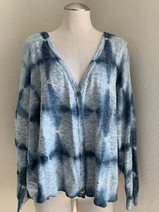 Pilcro Anthropologie Tie Dye Cardigan 2X Blue Linen Blend V Neck Sweater Top - Picture 1 of 9
